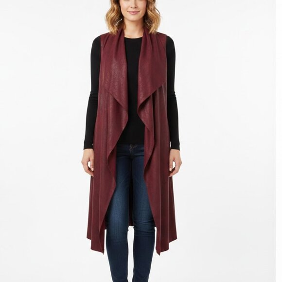 Oliver by Estie Burgundy Tops - Oliver by Estie Burgundy Faux Suede Long Waterfall Vest - Size M